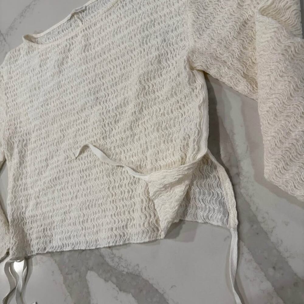 Zara Textured Long Sleeve Boatneck Tie Top Blouse Women's Small White Minimalist - Picture 3 of 7